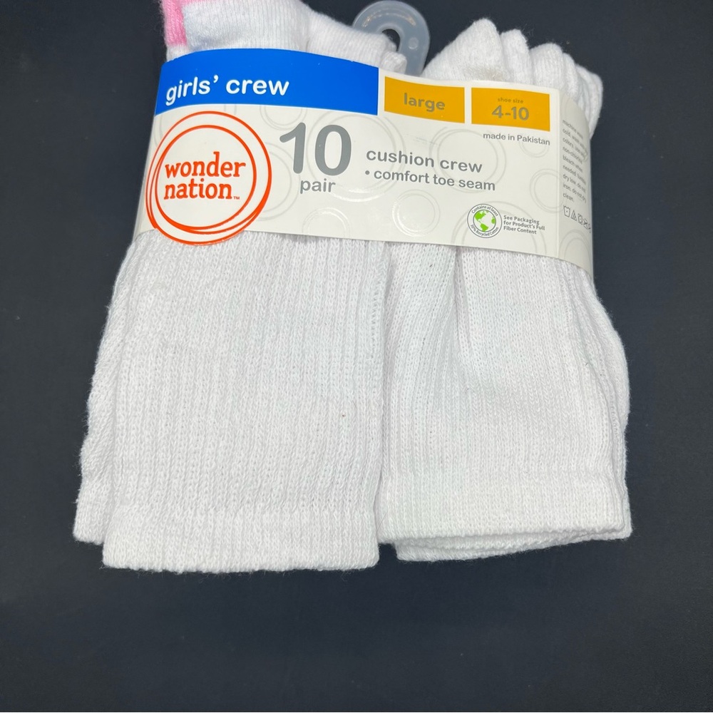 Wonder Nation Girls Crew Socks 10 Pair White Cushion Comfort Size Large 4-10